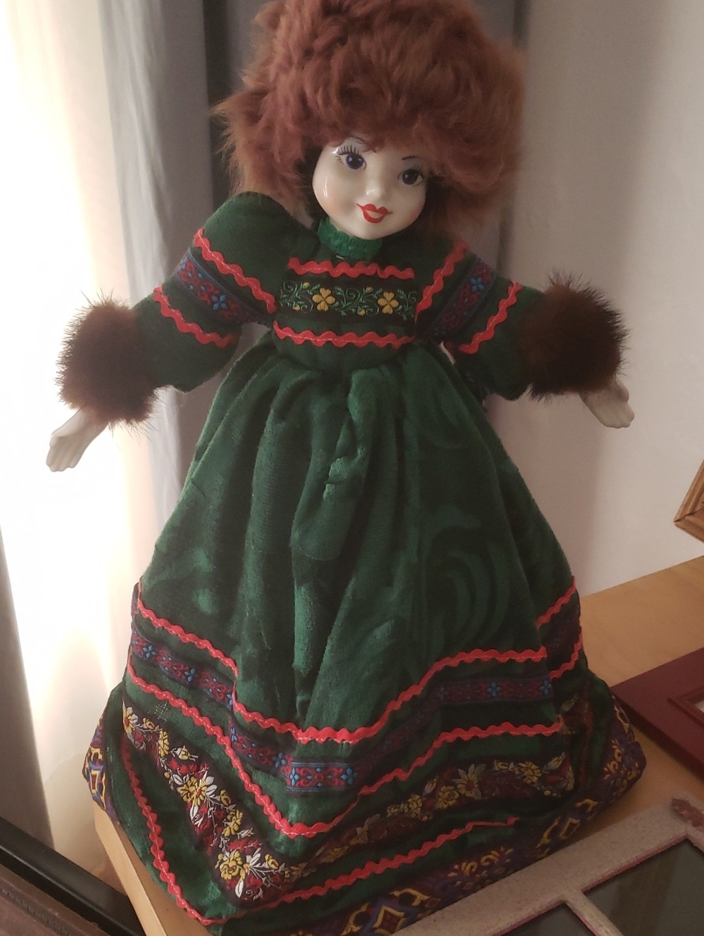 Vintage Porcelain Face Doll Dress with Floral Embroidery